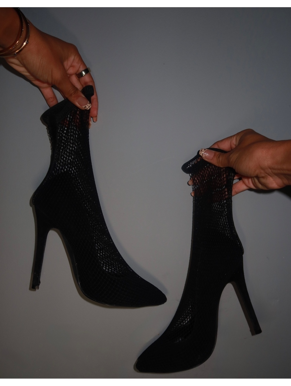 Black Fishnet Mesh Pointed Toe Stiletto Sock Heels